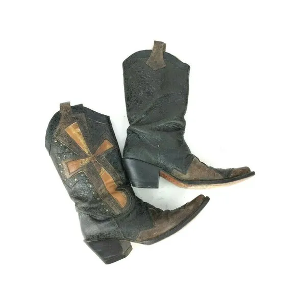 Stetson Grunge Cross Overlay Rivets Boots Sz 6