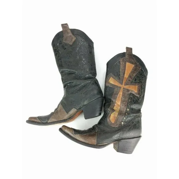 Stetson Grunge Cross Overlay Rivets Boots Sz 6