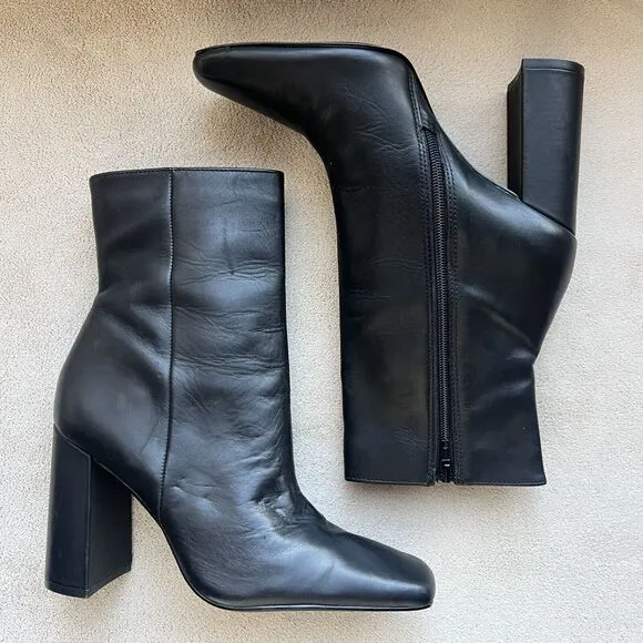 Steve Madden Lourde Black Leather Black Ankle Boot Bootie Square Toe Women 8 M
