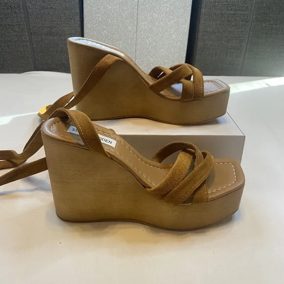 Steve Madden Maristella Ankle Wrap Wedge Sandal In Chestnut Suede Lace Size 9