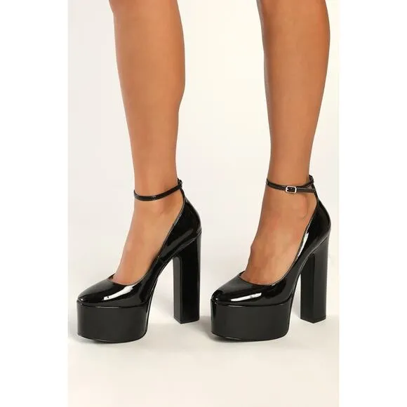 Steve Madden Skyrise Patent Platform Ankle Strap Pumps Black Size 8 NWB