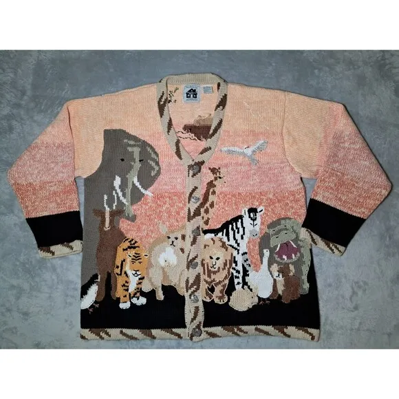 Storybook Knits Noah’s Arc Vintage Cardigan Sz 1XL Animal Boat