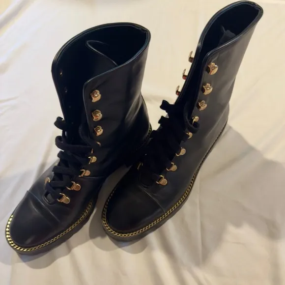 Stuart Weitzman Black Combat Boots with Gold Chain Detail - Size 6.5 - NWOT