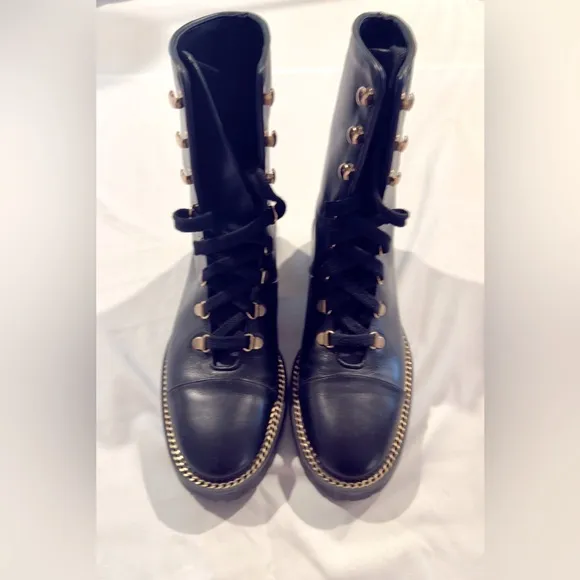 Stuart Weitzman Black Combat Boots with Gold Chain Detail - Size 6.5 - NWOT