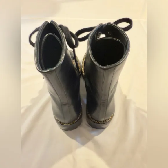 Stuart Weitzman Black Combat Boots with Gold Chain Detail - Size 6.5 - NWOT