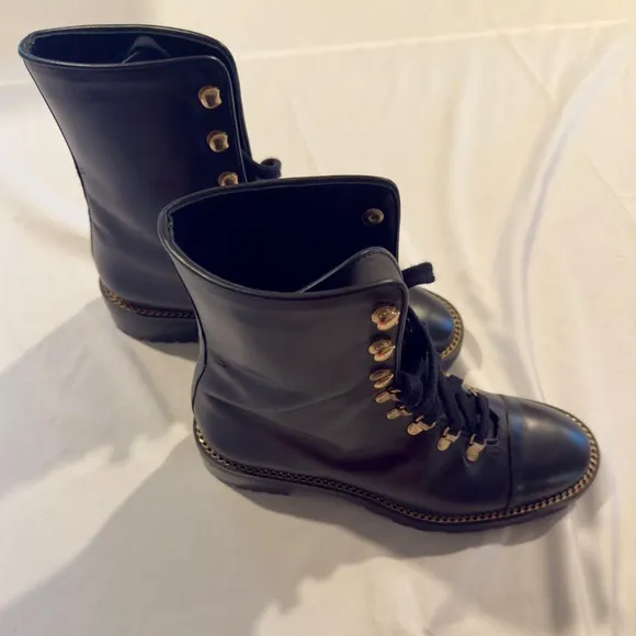 Stuart Weitzman Black Combat Boots with Gold Chain Detail - Size 6.5 - NWOT