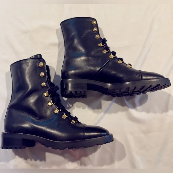 Stuart Weitzman Black Combat Boots with Gold Chain Detail - Size 6.5 - NWOT