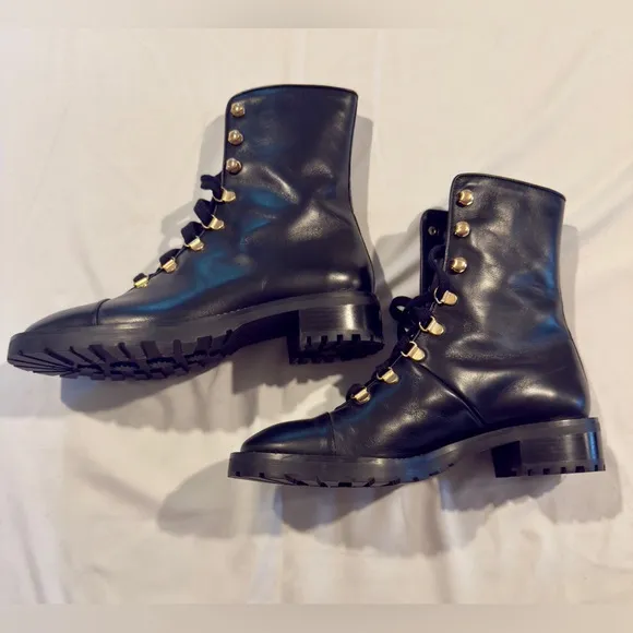 Stuart Weitzman Black Combat Boots with Gold Chain Detail - Size 6.5 - NWOT
