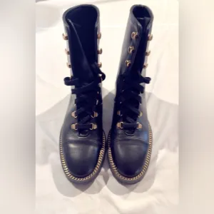 Stuart Weitzman Black Combat Boots with Gold Chain Detail - Size 6.5 - NWOT