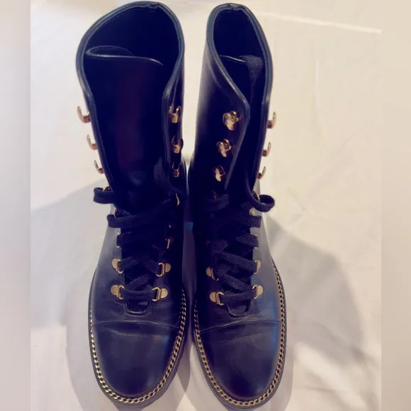 Stuart Weitzman Black Combat Boots with Gold Chain Detail - Size 6.5 - NWOT