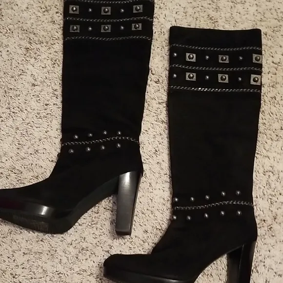 Stuart Weitzman Black Studded Knee-High Boots,size 9