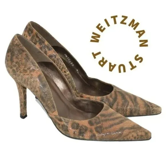 Stuart Weitzman Brown Camel Beige Pony Hair Fur Leopard Leather Heels Pumps 7.5