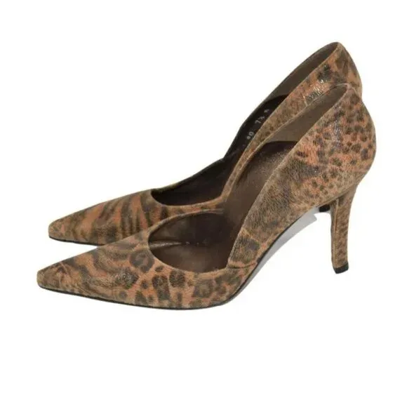 Stuart Weitzman Brown Camel Beige Pony Hair Fur Leopard Leather Heels Pumps 7.5
