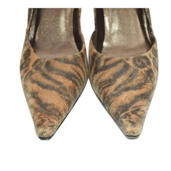 Stuart Weitzman Brown Camel Beige Pony Hair Fur Leopard Leather Heels Pumps 7.5