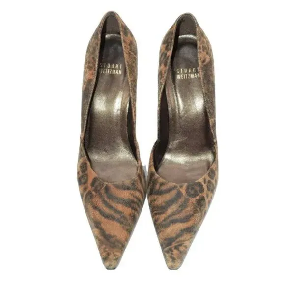 Stuart Weitzman Brown Camel Beige Pony Hair Fur Leopard Leather Heels Pumps 7.5