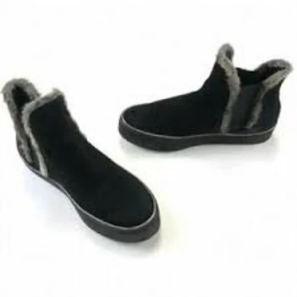 Stuart Weitzman Suede Black‎ Fur-Trim Ankle Boots Size 9.5