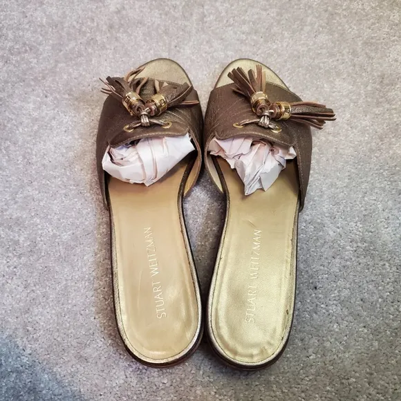 STUART WEITZMAN Women 11 Two-Tassels Leather Slide On Sandals Shoes Gold Alewash