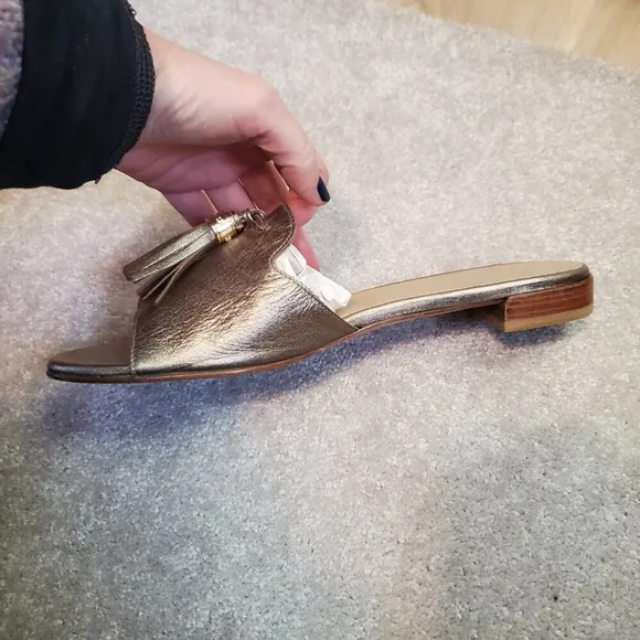 STUART WEITZMAN Women 11 Two-Tassels Leather Slide On Sandals Shoes Gold Alewash