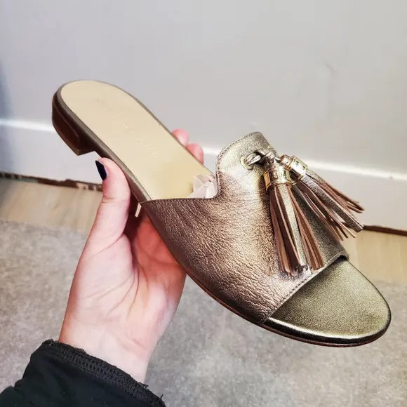 STUART WEITZMAN Women 11 Two-Tassels Leather Slide On Sandals Shoes Gold Alewash