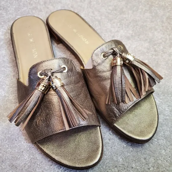 STUART WEITZMAN Women 11 Two-Tassels Leather Slide On Sandals Shoes Gold Alewash