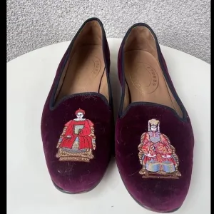 Stubbs &amp; Wootton flat loafers shoes slipper burgundy velvet Asian Emperor wm 9.5
