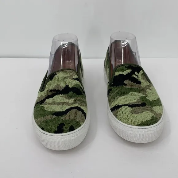 Stubbs &amp; Wootton Needlepoint camo slip-on sneakers shoes green flat platform 9