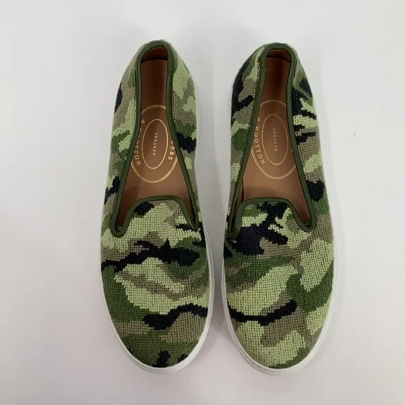 Stubbs &amp; Wootton Needlepoint camo slip-on sneakers shoes green flat platform 9