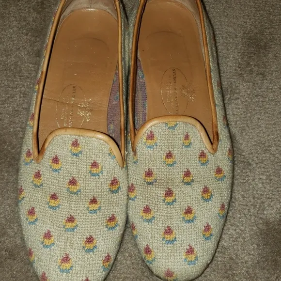 Stubbs and Wootton EUC SIZE 7.5 tan print flat shoes LEATHER LINED
