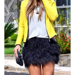 💥STUNNING💥Genuine Ostrich Feather Front High Waist Mini Skirt in Black