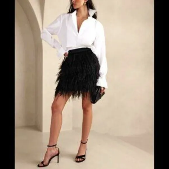 💥STUNNING💥Genuine Ostrich Feather Front High Waist Mini Skirt in Black