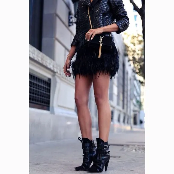 💥STUNNING💥Genuine Ostrich Feather Front High Waist Mini Skirt in Black