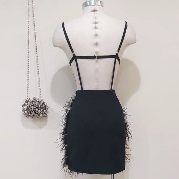 💥STUNNING💥Genuine Ostrich Feather Front High Waist Mini Skirt in Black