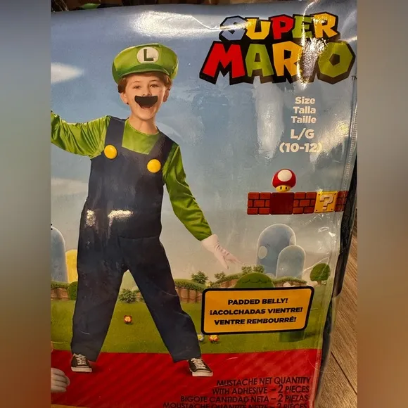 Super Mario Bros Luigi 4Pcs Costume Deluxe Child Size Large 10/12. Brand New