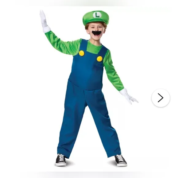 Super Mario Bros Luigi 4Pcs Costume Deluxe Child Size Large 10/12. Brand New
