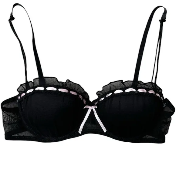 Sweetheart Couture Pin Up Bra Black Lace Sexy Romantic Pink Satin Bow Size 34B