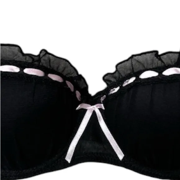 Sweetheart Couture Pin Up Bra Black Lace Sexy Romantic Pink Satin Bow Size 34B