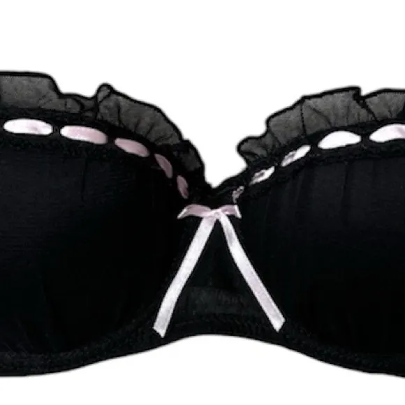 Sweetheart Couture Pin Up Bra Black Lace Sexy Romantic Pink Satin Bow Size 34B