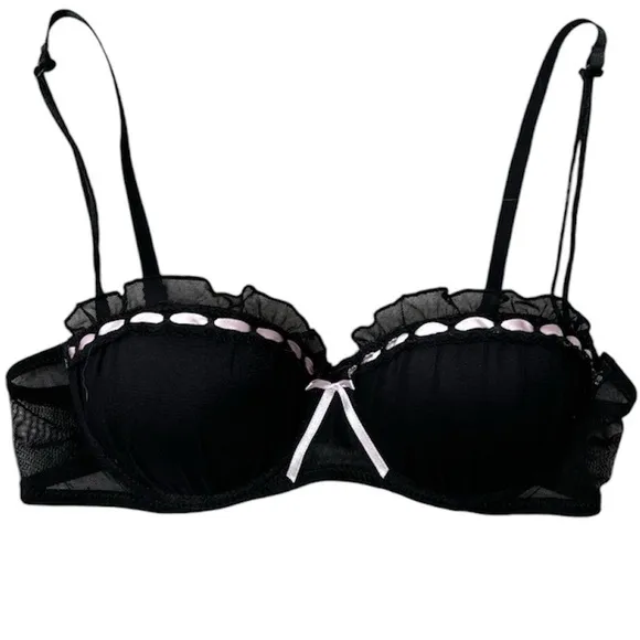 Sweetheart Couture Pin Up Bra Black Lace Sexy Romantic Pink Satin Bow Size 34B