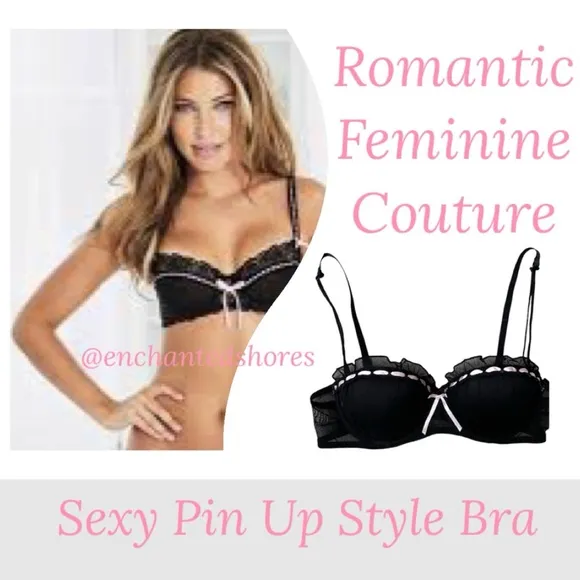 Sweetheart Couture Pin Up Bra Black Lace Sexy Romantic Pink Satin Bow Size 34B
