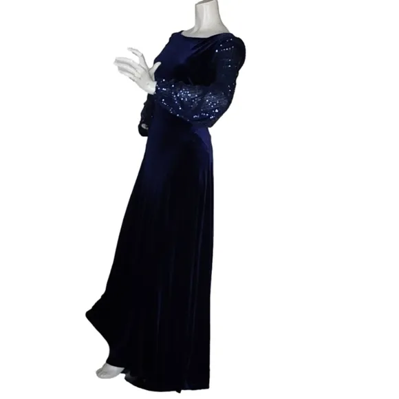 TAHARI LEVINE ROYAL BLUE SEQUINS  LONG SLEEVES VELVET BOAT NECK  DRESS