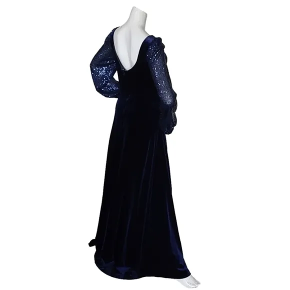 TAHARI LEVINE ROYAL BLUE SEQUINS  LONG SLEEVES VELVET BOAT NECK  DRESS