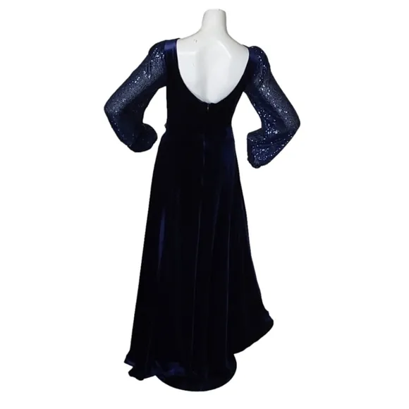 TAHARI LEVINE ROYAL BLUE SEQUINS  LONG SLEEVES VELVET BOAT NECK  DRESS
