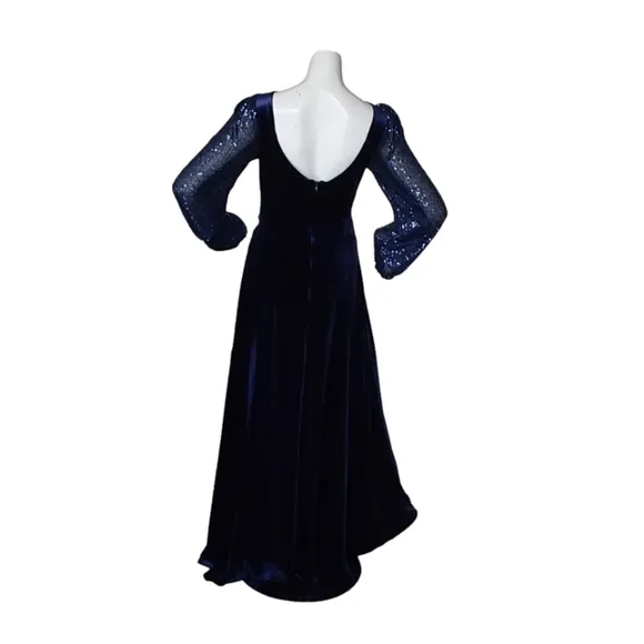TAHARI LEVINE ROYAL BLUE SEQUINS  LONG SLEEVES VELVET BOAT NECK  DRESS