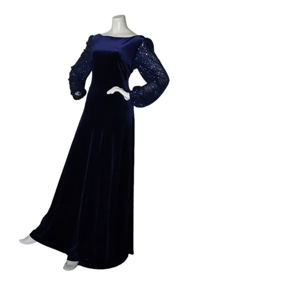 TAHARI LEVINE ROYAL BLUE SEQUINS  LONG SLEEVES VELVET BOAT NECK  DRESS
