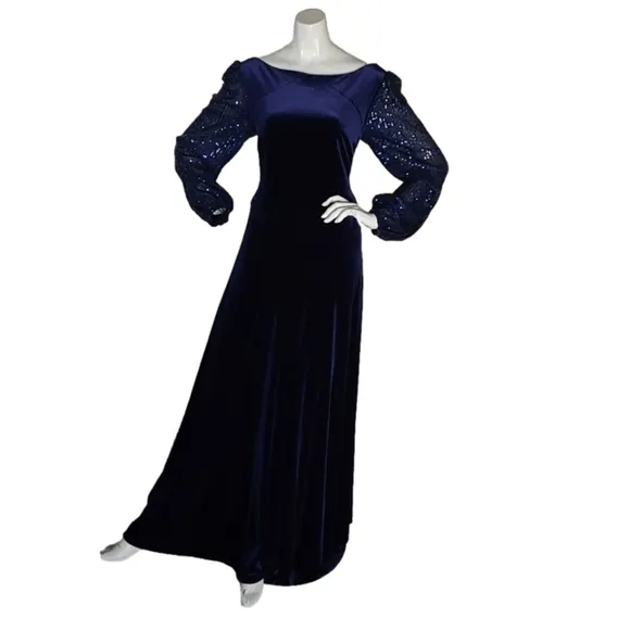 TAHARI LEVINE ROYAL BLUE SEQUINS  LONG SLEEVES VELVET BOAT NECK  DRESS