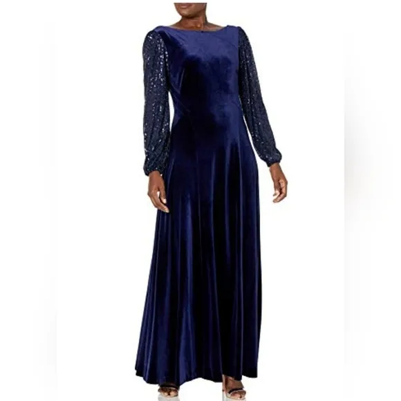 TAHARI LEVINE ROYAL BLUE SEQUINS  LONG SLEEVES VELVET BOAT NECK  DRESS