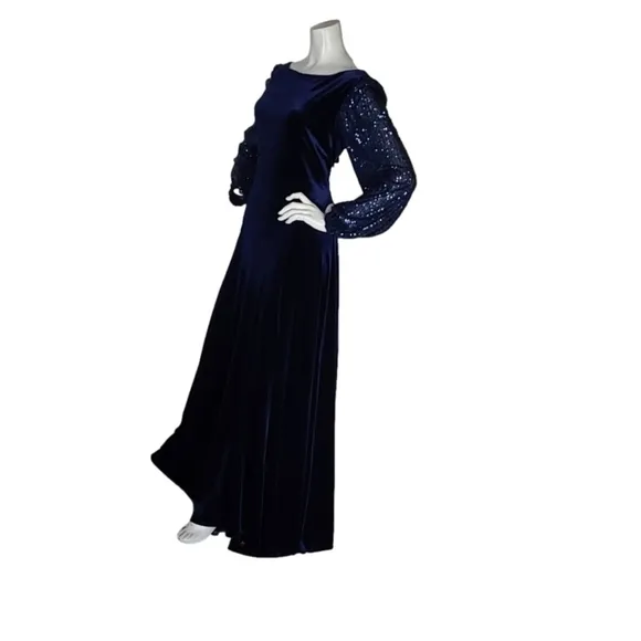 TAHARI LEVINE ROYAL BLUE SEQUINS  LONG SLEEVES VELVET BOAT NECK  DRESS