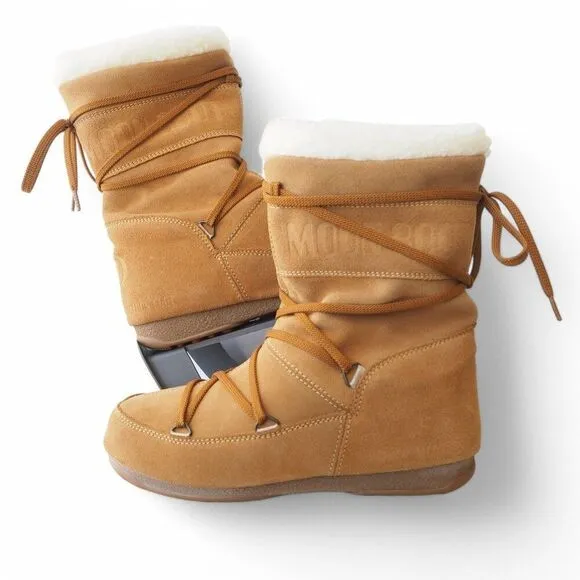 Tecnica Moon Boots Suede Wrap Around Winter Sherpa Lined Boots Brown Women's