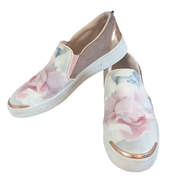 Ted Baker Heem Floral Sneakers Pink and Gold Slip-on Shoes Size 7