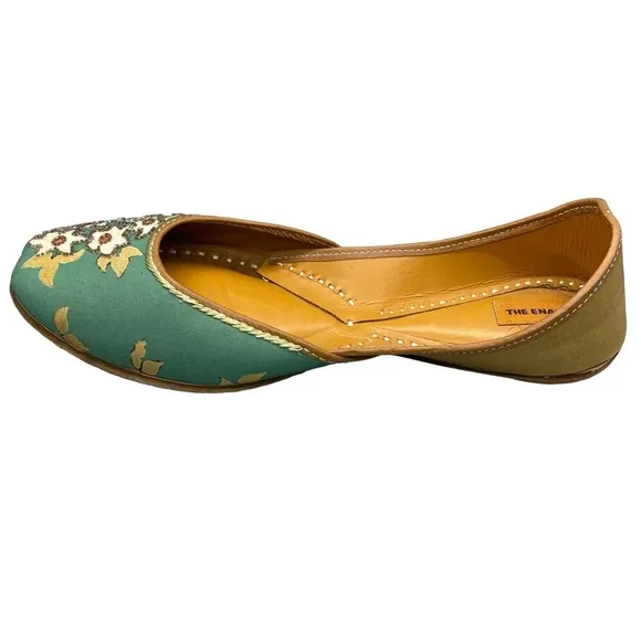The Enache Green Floral Slip On Ballet Shoes Khussa Indian Shoes Wear EU 39